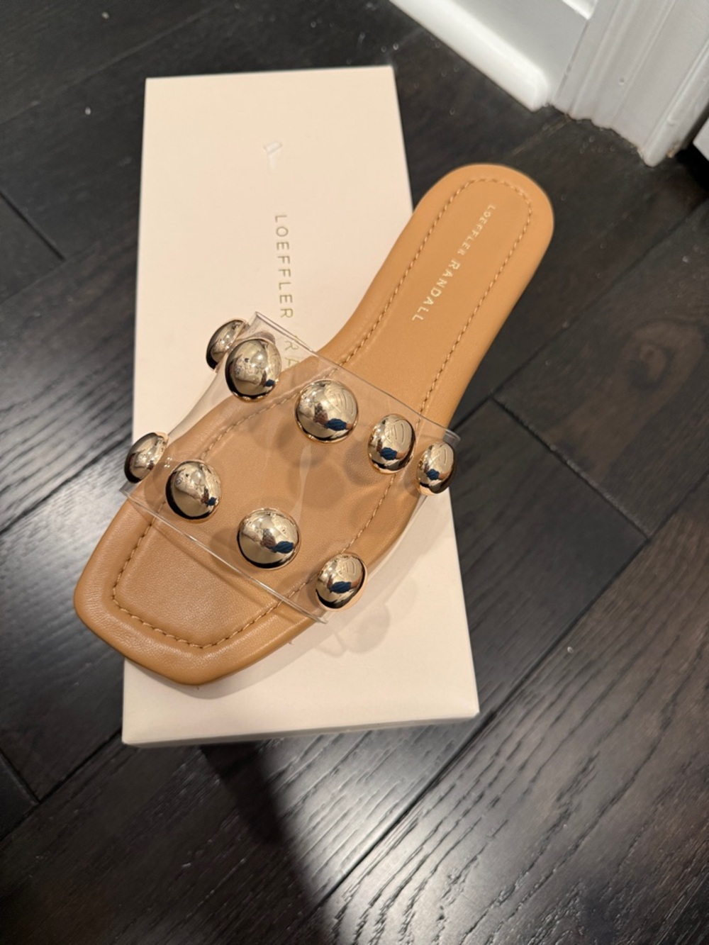 Loeffler Randall Hayes  Tan Slide with Clear Strap and Gold Studs 8